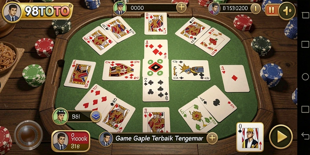 Tampilan gameplay seru dalam aplikasi 98TOTO yang menampilkan permainan Gaple.
