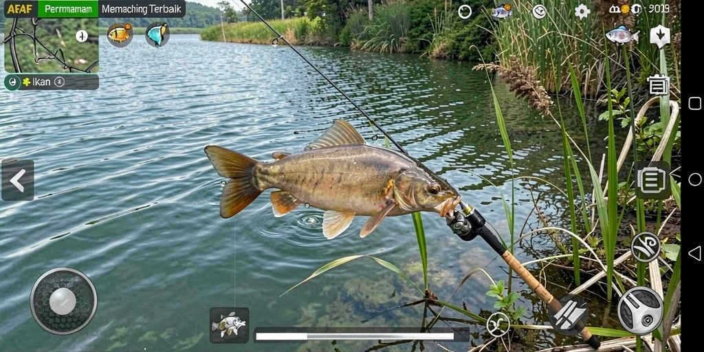 Screenshot menunjukkan pemain menangkap ikan besar di AFAF.