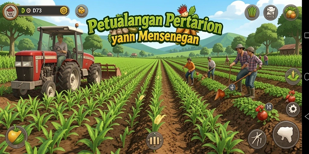 Screenshot gameplay D73 menunjukkan aktivitas bertani yang seru.