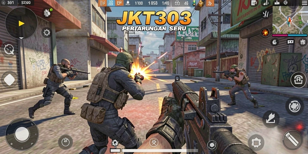 Screenshot utama JKT303 menampilkan aksi gameplay TPS yang mendebarkan.