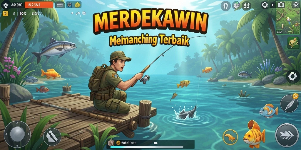 Screenshot MERDEKAWIN menunjukkan aksi memancing yang seru dan grafis menawan.