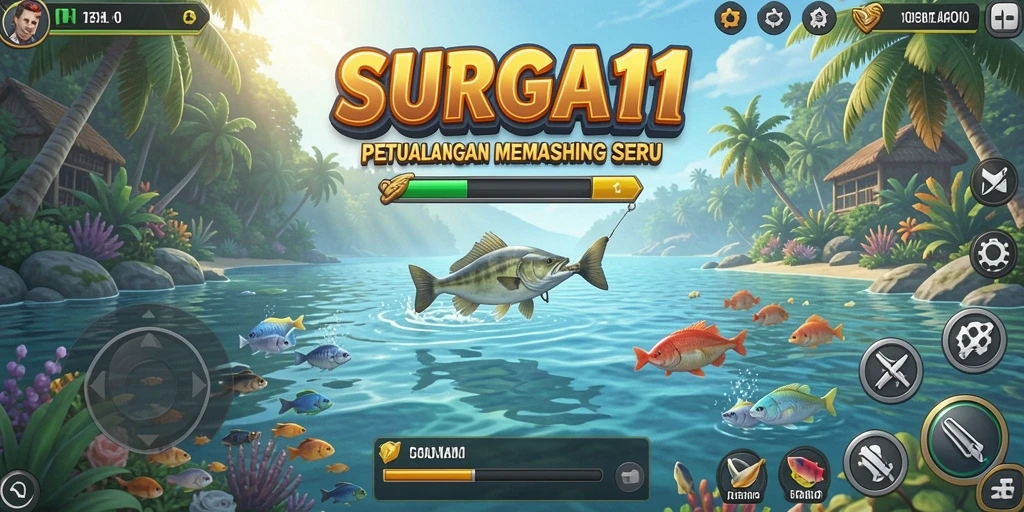 Menampilkan gameplay SURGA11 dengan suasana memancing yang asri.